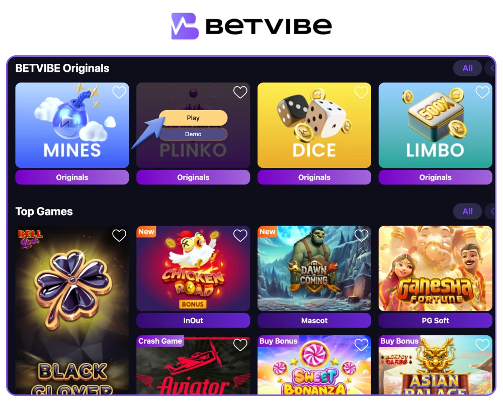 Popular casino games on BetVibe India platform